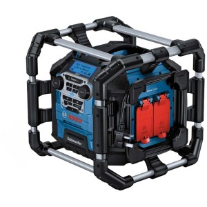 Radio Bosch Professional GPB 18V-5 SC con gabbia di protezione, subwoofer e connessioni.