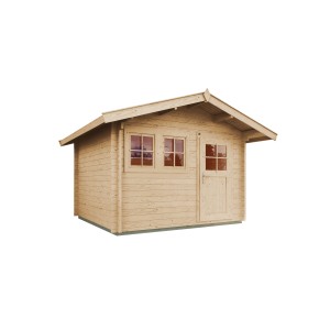 Casetta da giardino in legno Weka non trattato con tetto a due falde, porta e due finestre.