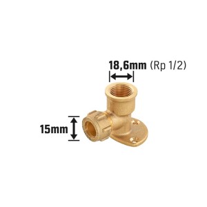 Raccordo a gomito a compressione in ottone, 15 mm x 18,6 mm (Rp 1/2), per installazione tubi in rame.
