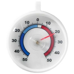 Termometro da frigorifero Möller Therm bianco con puntatore rosso, indica circa 22 gradi.