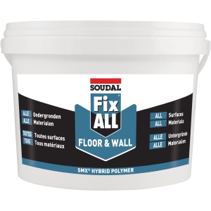 Secchio bianco di adesivo Soudal Fix All Floor & Wall, 4 kg. Adesivo per superfici per pavimenti e pareti.