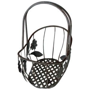 Cesto ovale in metallo con manico, grigio antico, con decoro floreale per giardino e balcone.