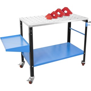 Tavolo da saldatura mobile Güde MST 915 plus con piano forato, ripiano blu e magneti rossi.