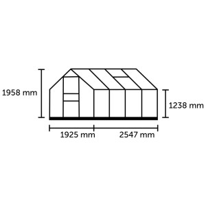 Schéma de la serre Halls Popular 5 m² avec dimensions. Cadre en aluminium, verre clair.