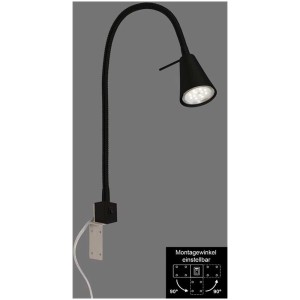 Lampe de chevet LED Briloner noire avec bras flexible et fixation variable.