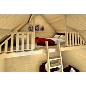 Vue intérieure : cabane de jardin Alpholz de style suédois avec mezzanine, échelle et mobilier.