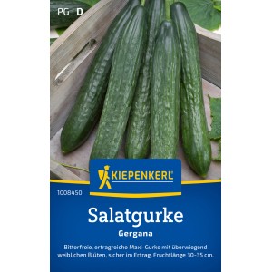 Graines de concombre Kiepenkerl Gergana : concombres lisses et verts sur un support en bois.
