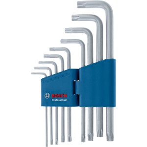 Jeu de clés mâles TX Bosch Professional, 9 pièces, dans un support bleu.