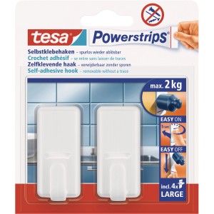 Tesa crochets adhésifs, lot de 2, blancs, carrés, avec Powerstrips Large, supporte jusqu'à 2 kg.