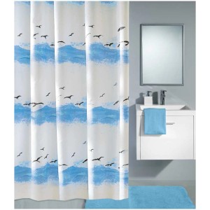 Tenda doccia Kleine Wolke Seaside blu croco con motivo gabbiani, 180x200 cm.