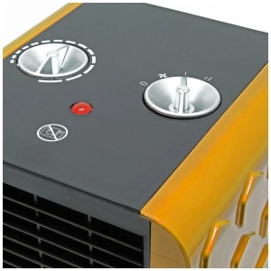 Dettaglio: Termoventilatore ceramico Cube nero/giallo con manopole e spia.