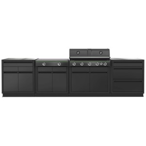 Cucina da esterno Outdoorchef Heat X-415/245 in acciaio inox, montata. Cucina modulare nera con grill a gas e armadietti.