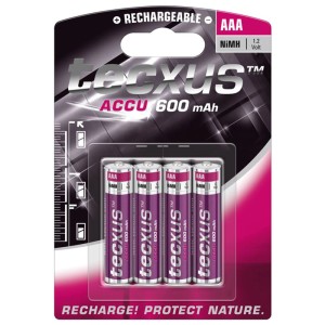 Confezione da 4 batterie ricaricabili Tecxus NiMH Micro AAA, 1.2 V, 600 mAh.