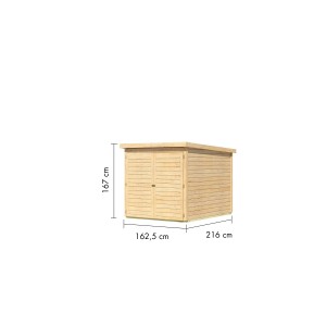 Garage per biciclette Karibu in legno naturale con doppia porta e dimensioni.