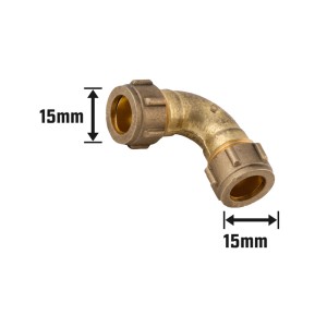 Raccordo a compressione a gomito in ottone, diametro 15 mm per tubi in rame.