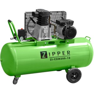 Compresseur vert Zipper ZI-COM200-10, entraînement par courroie, avec manomètres et raccords rapides.
