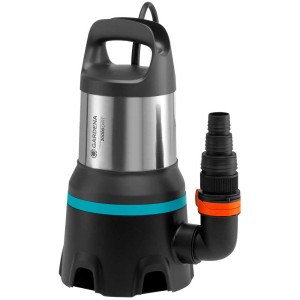 Pompe submersible eaux chargées Gardena 20000 Aquasensor avec boîtier en acier inoxydable et raccord de tuyau.