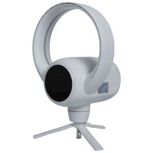Weisser Kibernetik Bladeless Ventilator auf Stativ. Rotorloser Tisch- und Standventilator mit modernem Design.