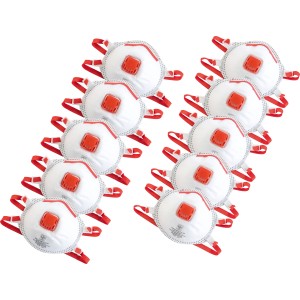 Lot de 10 masques anti-poussière LUX FFP3 NR D avec valve et sangles rouges pour travaux en environnement poussiéreux.