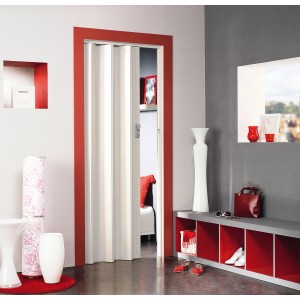 Porte pliante blanche Spacy avec décor brillant, 84x205 cm, gain de place et facile à installer.