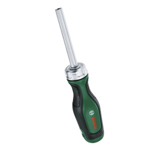 Tournevis à cliquet Bosch avec 12 embouts, manche vert, tige argentée. Tournevis pour le bricolage.