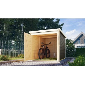Garage per biciclette Karibu Terragrau con porta aperta e bicicletta all'interno.
