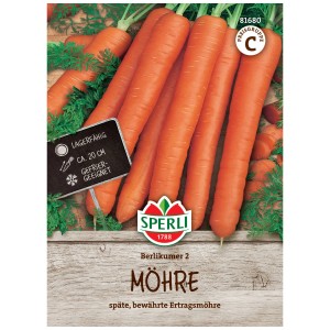 Sperli Saatgut Möhre Berlikumer 2: Saatgutpackung mit orangefarbenen Karotten und grünen Blättern.