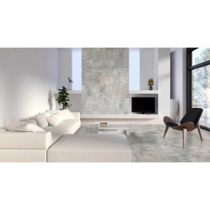 Salon lumineux avec carrelage Classen Ceramin Neo Vario Vanity aspect pierre comme carrelage de sol et mural.
