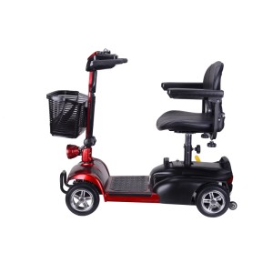 Scooter électrique rouge Easy avec panier, siège et accoudoirs pour une mobilité confortable.