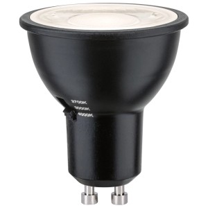 Paulmann GU10 LED-Reflektor matt Schwarz mit DipSwitch für wählbare Lichtfarbe (2700K, 3000K, 4000K).