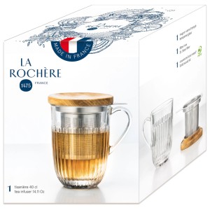 Tazza da tè La Rochère con filtro, 40 cl. Tazza in vetro con filtro in acciaio inox e coperchio in bambù nella scatola.
