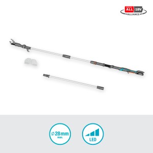 Set Gardena tagliasiepi telescopico a batteria HighCut 360/18V con asta divisibile e batteria.