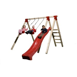 Altalena avventura Weka Tabaluga con scivolo e 2 bambini che si dondolano e 1 bambino che scivola.