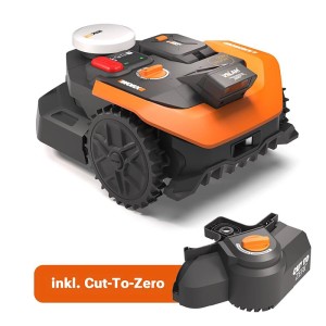 Robot tondeuse Worx M650 Landroid Vision Cloud avec fonction Cut-to-Zero et station de charge.