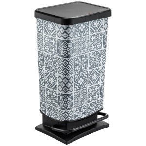 Rotho Treteimer Paso, 40L, blau-weiss gemustert, mit geräuschlosem Deckel und Fusspedal.