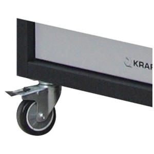 Gros plan : Roue avec frein sur le chariot d'atelier Kraftwerk Mobilio.