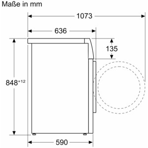 Disegno tecnico dell'asciugatrice a pompa di calore Bosch Serie 6 WQG233C0CH con dimensioni.