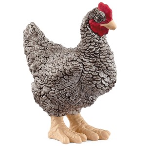 Schleich Farm World Plymouth Rock Huhn, detailgetreue Spielfigur mit schwarz-weißem Gefieder.