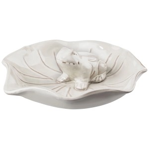 Bacinella per uccelli in terracotta smaltata con decoro a rana, Ø 24cm. Fonte d'acqua per uccelli da giardino.
