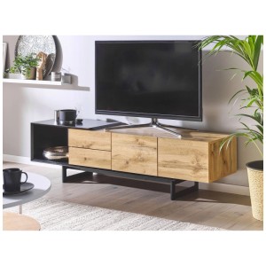 Meuble TV Beliani Fiora marron/noir avec tiroirs, portes et compartiment ouvert sur cadre en métal.