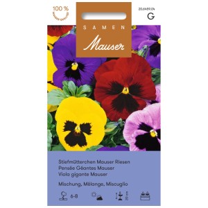Bustina di semi di viole del pensiero Mauser giganti mix con fiori gialli, rossi, viola e rosa.