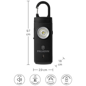 Schwarzer Paladin Panikalarm mit LED-Lampe und Karabinerhaken, Maße sind eingezeichnet.