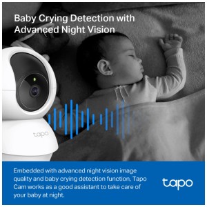 Weiße Tapo Netzwerkkamera C210 zur Überwachung eines schlafenden Babys.
