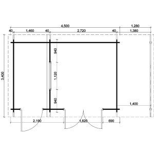 Planimetria Alpholz casetta da giardino Aktiva 40 Varianta con tetto a falda unica, dimensioni: 580x340cm.