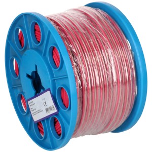 Câble de haut-parleur transparent 2 x 1,5 mm² au mètre sur bobine bleue.