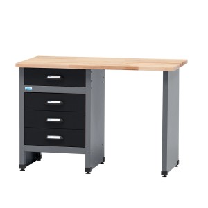 Banco da lavoro Küpper con 4 cassetti, vano sedile, piano in legno di faggio, nero e grigio chiaro.