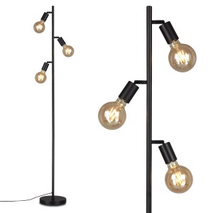Lampadaire noir Brilo Kuglo avec trois douilles E27 et spots orientables.