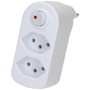 Weißer Abzweigstecker Adapt mit 2 T13 Steckdosen, drehbar und mit Schalter.