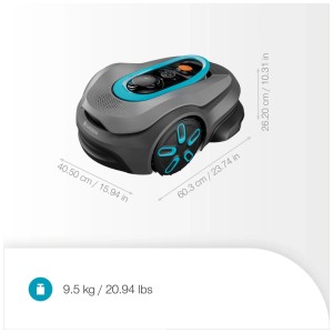 Robot tondeuse Gardena Smart Sileno Sense, corps gris avec accents bleus et dimensions.