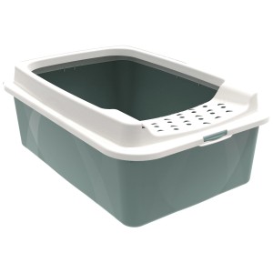 Lettiera per gatti Rotho Tray M Bonie color salvia con coperchio removibile e bordo protettivo.